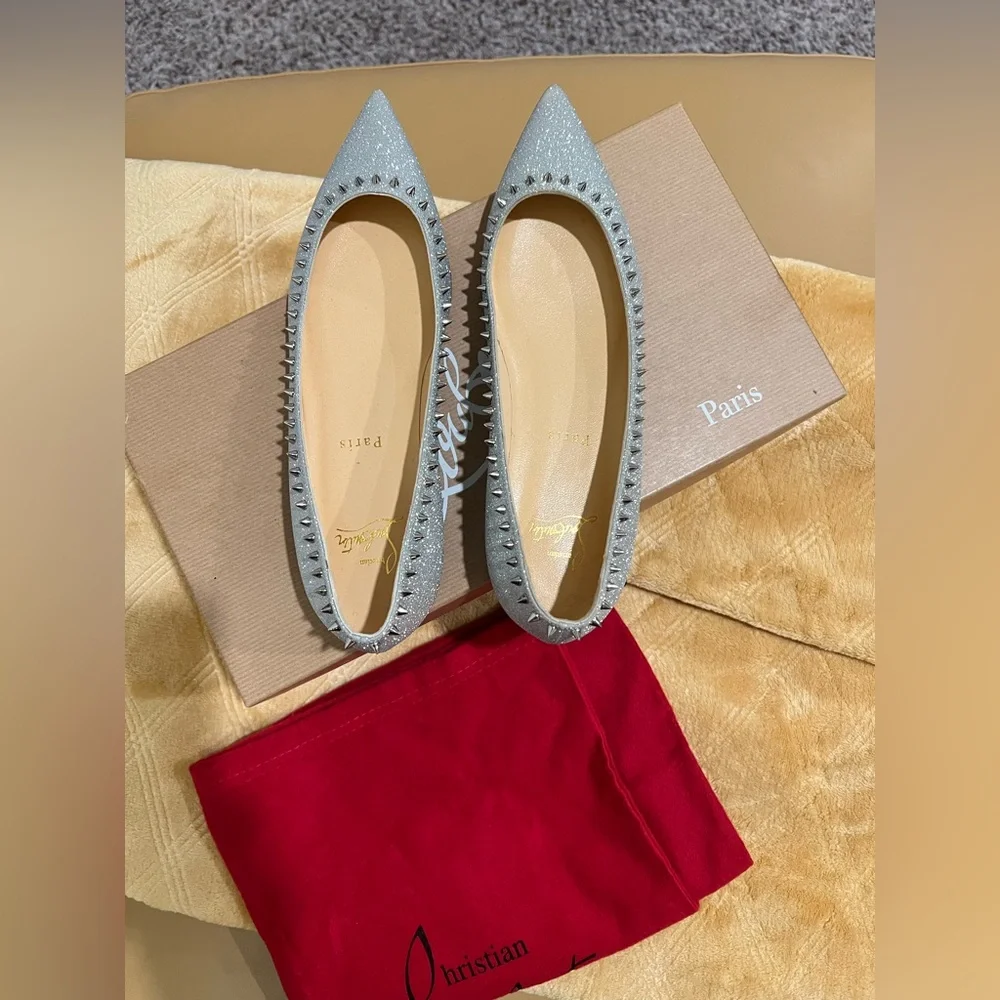 Christian Louboutin Silver Glitter Anjalina Spike Flats - Picture 2 of 7